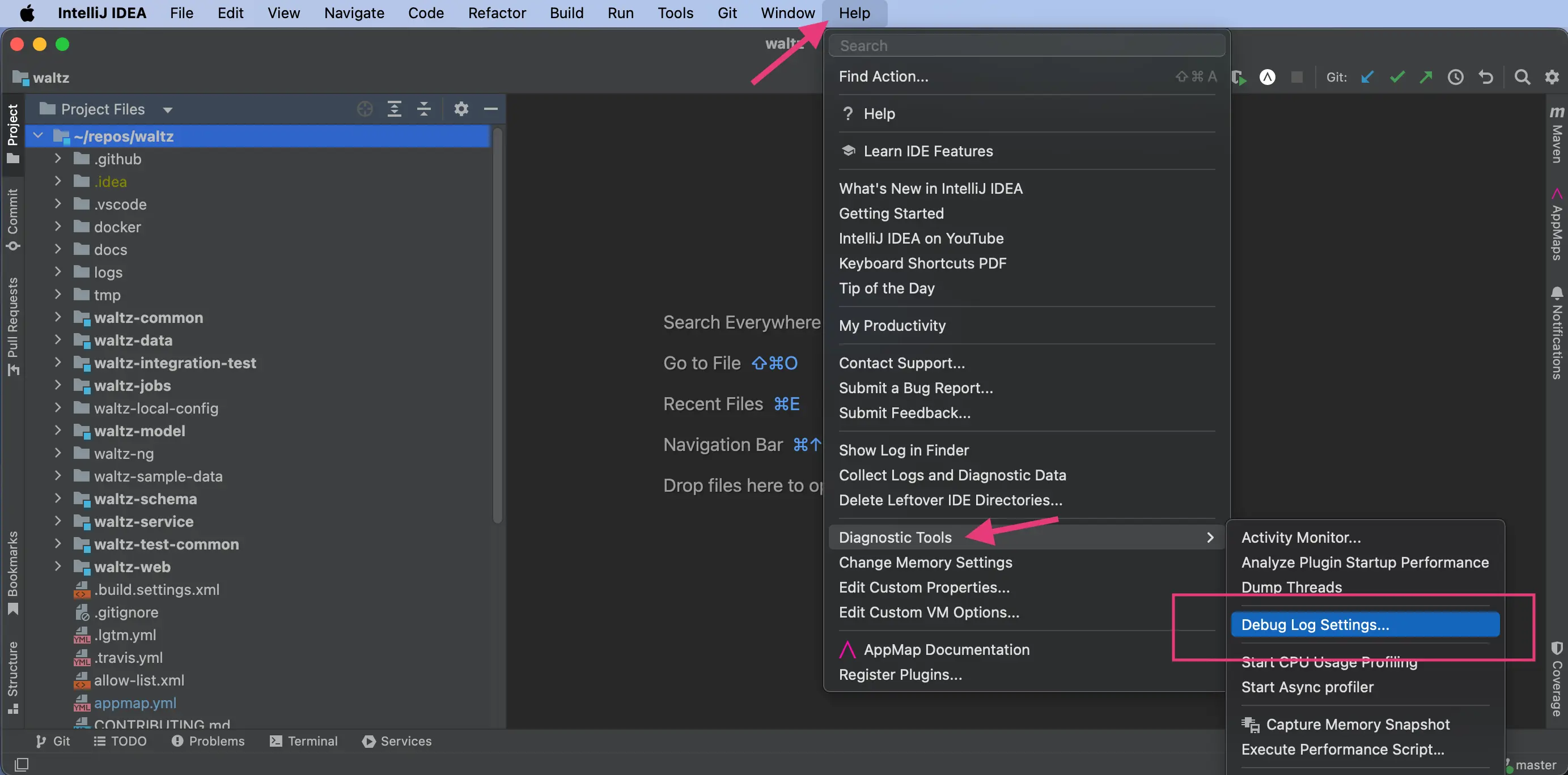 JetBrains Debug Log menu